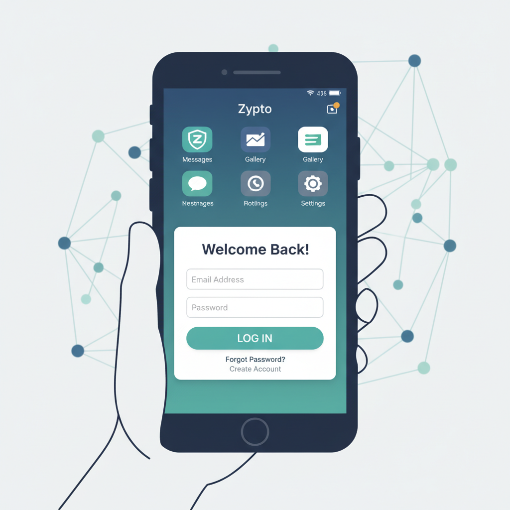 screenshot of Zypto app open on smartphone home screen, login prompt visible, modern fintech design