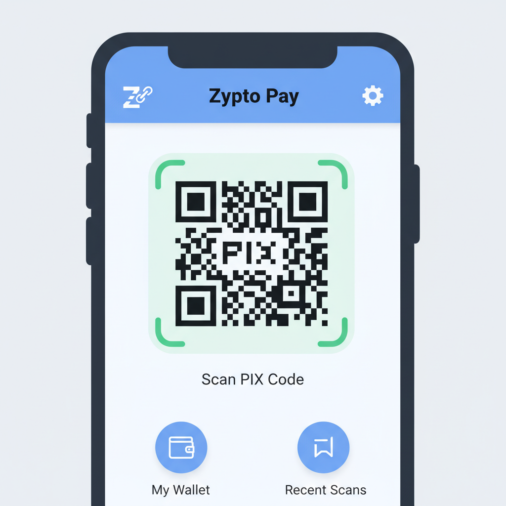 close-up screenshot of Zypto app QR scanner active, scanning PIX code, camera viewfinder overlay