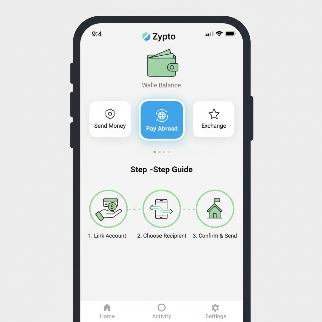 Zypto app screenshot highlighting 'Pay Abroad' button selected, intuitive menu layout