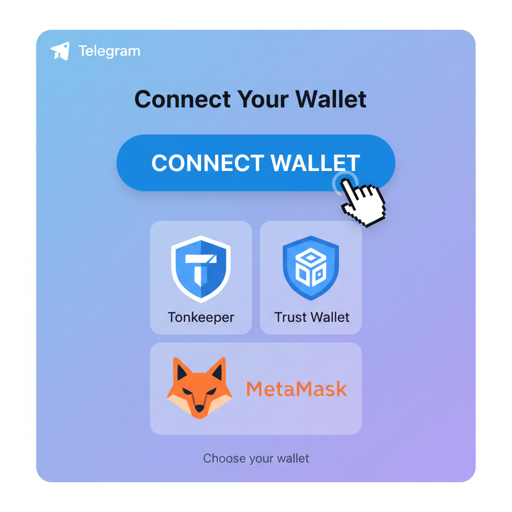 Telegram Mini App screen showing wallet connect button, user selecting Tonkeeper