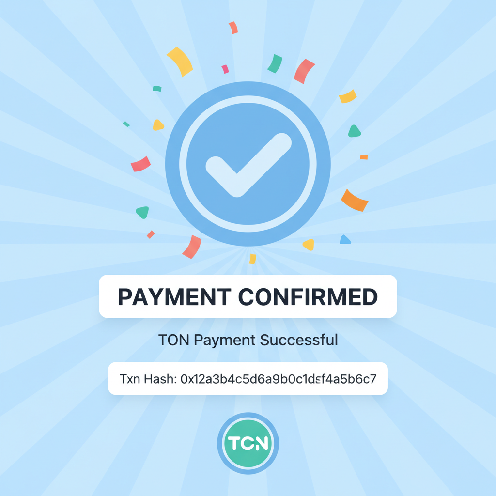 success screen with TON payment confirmation, confetti, transaction hash