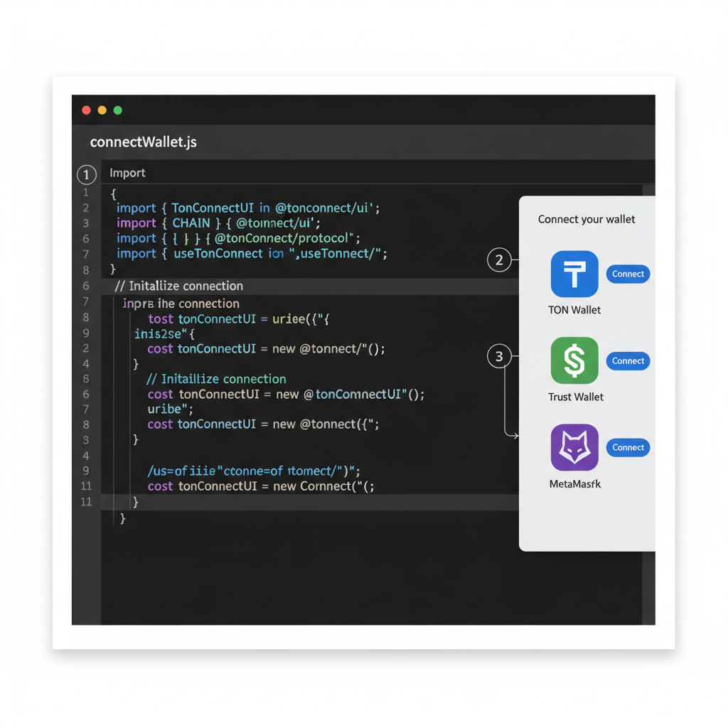 code editor integrating TON Connect SDK, JavaScript imports, wallet icons