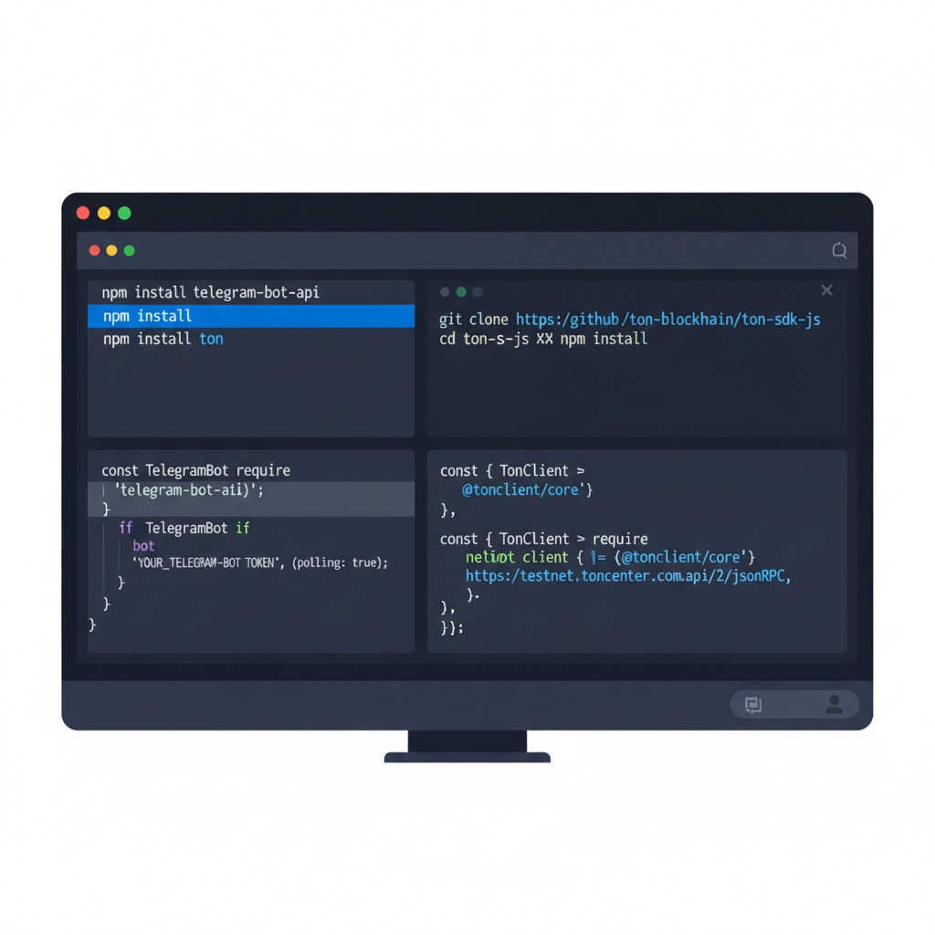 developer terminal setting up Telegram bot and TON SDK, code snippets, modern dark UI