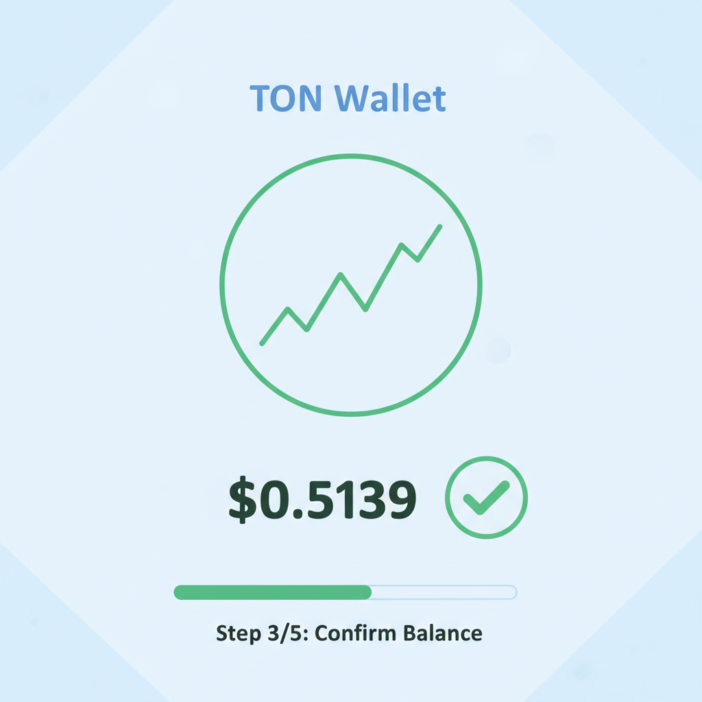 dashboard showing TON wallet balance chart, $0.5139 price tag, green checkmark