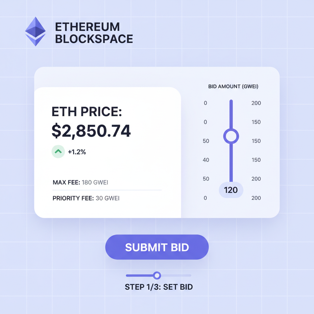 ethereum blockspace bidding interface with eth price ticker and slider