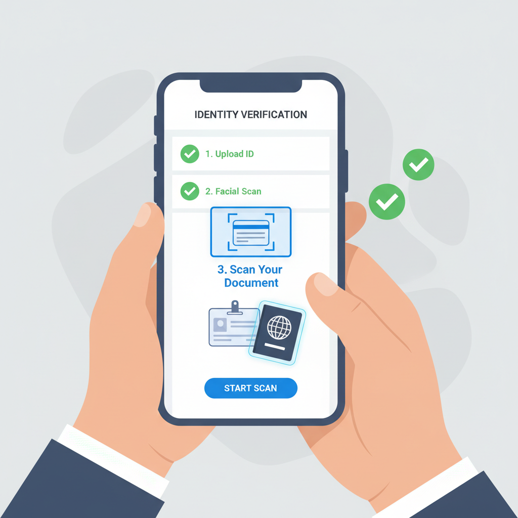 user completing KYC form on mobile app, ID scan interface, secure checkmark icons, professional style