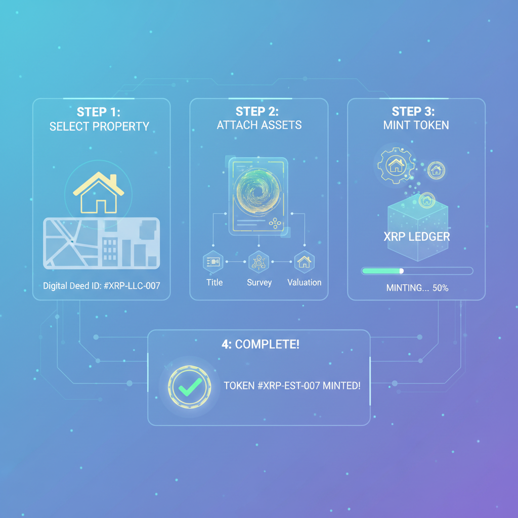 minting animation of real estate tokens on XRP Ledger blockchain, glowing digital property deeds, futuristic interface