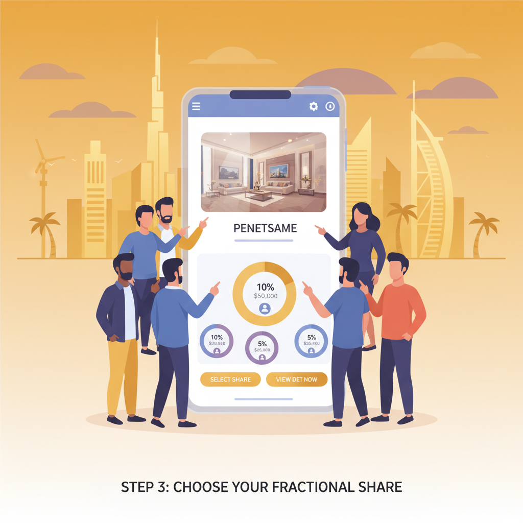 diverse investors selecting luxury Dubai property on app, fractional shares visualization, golden desert skyline background