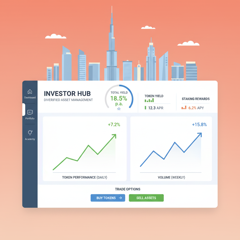 investor dashboard showing token yields and trade options, charts with upward trends, Dubai skyline view