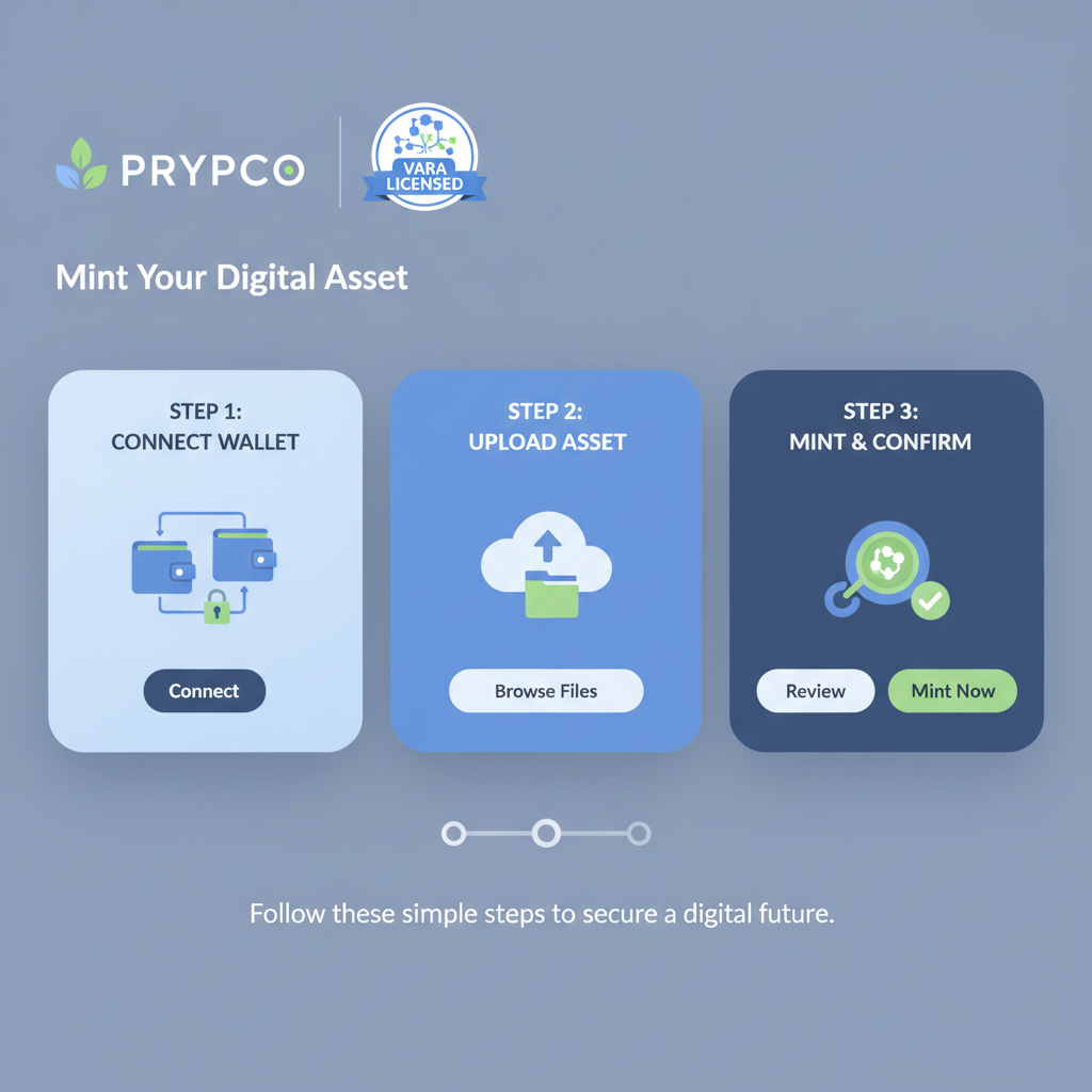 clean interface of Prypco Mint platform with VARA license badge, modern blockchain UI, reassuring blue tones