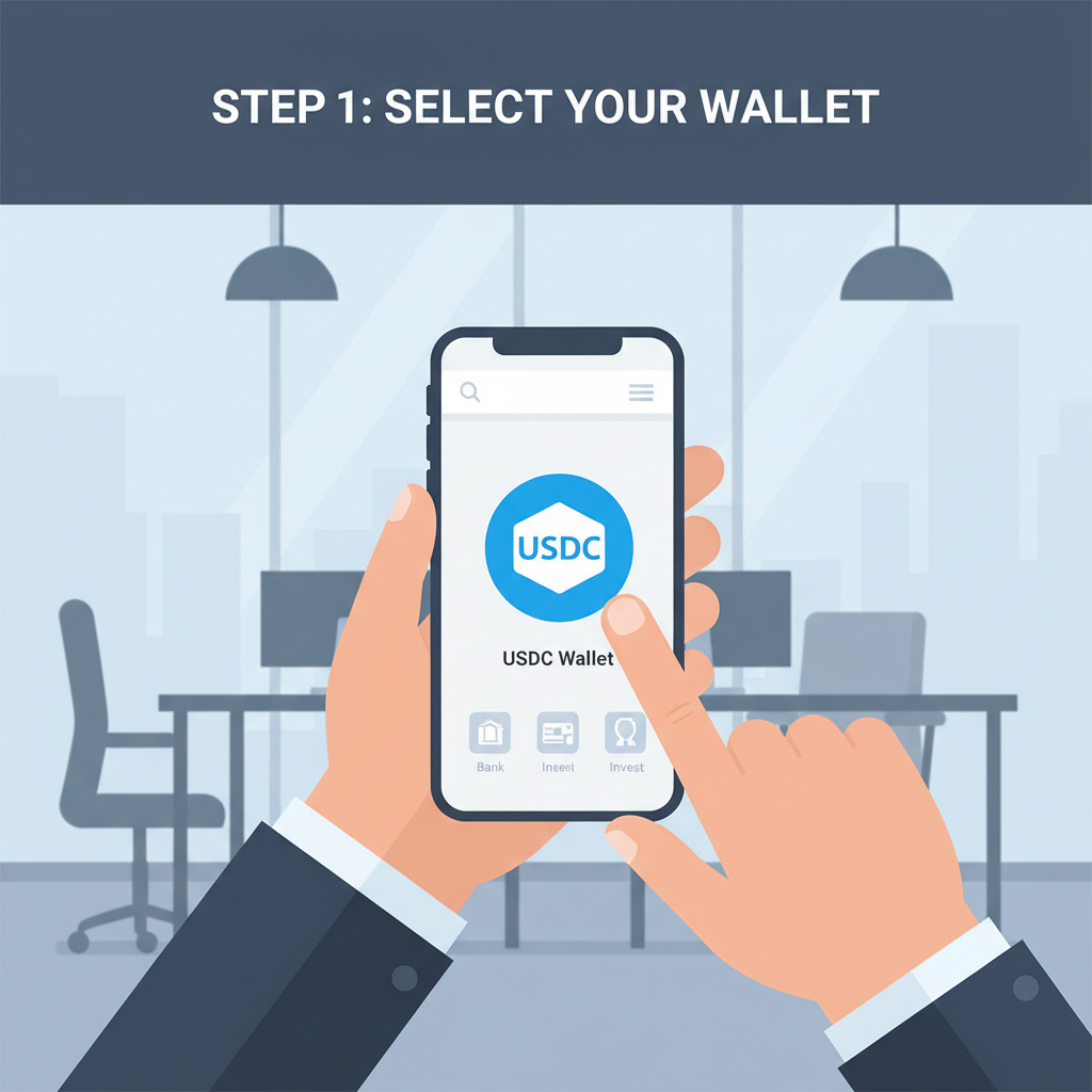 professional selecting USDC wallet app on smartphone, clean interface with USDC logo, business office background