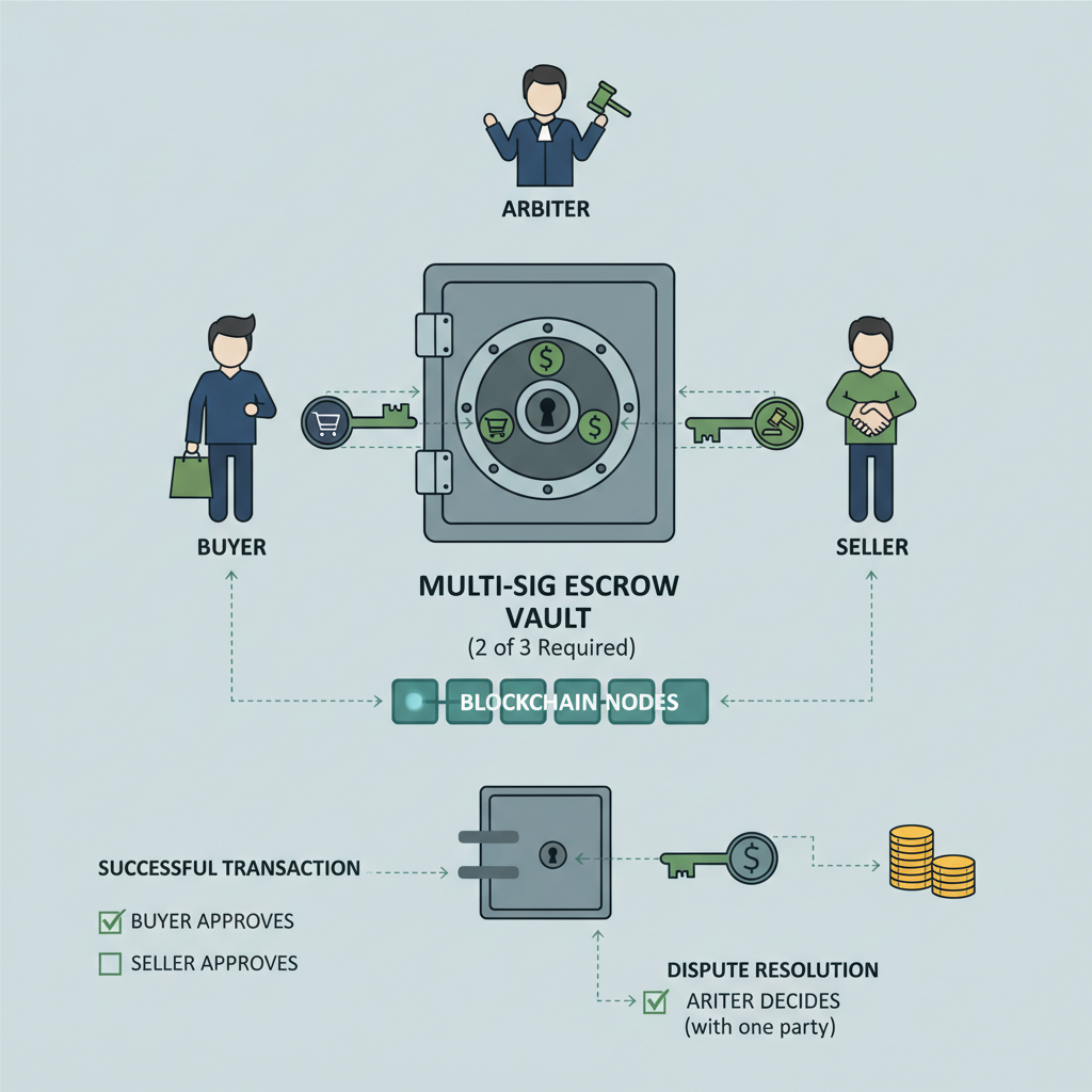 diagram of multi-sig escrow setup with three keys buyer seller arbiter, blockchain nodes, secure vault aesthetic