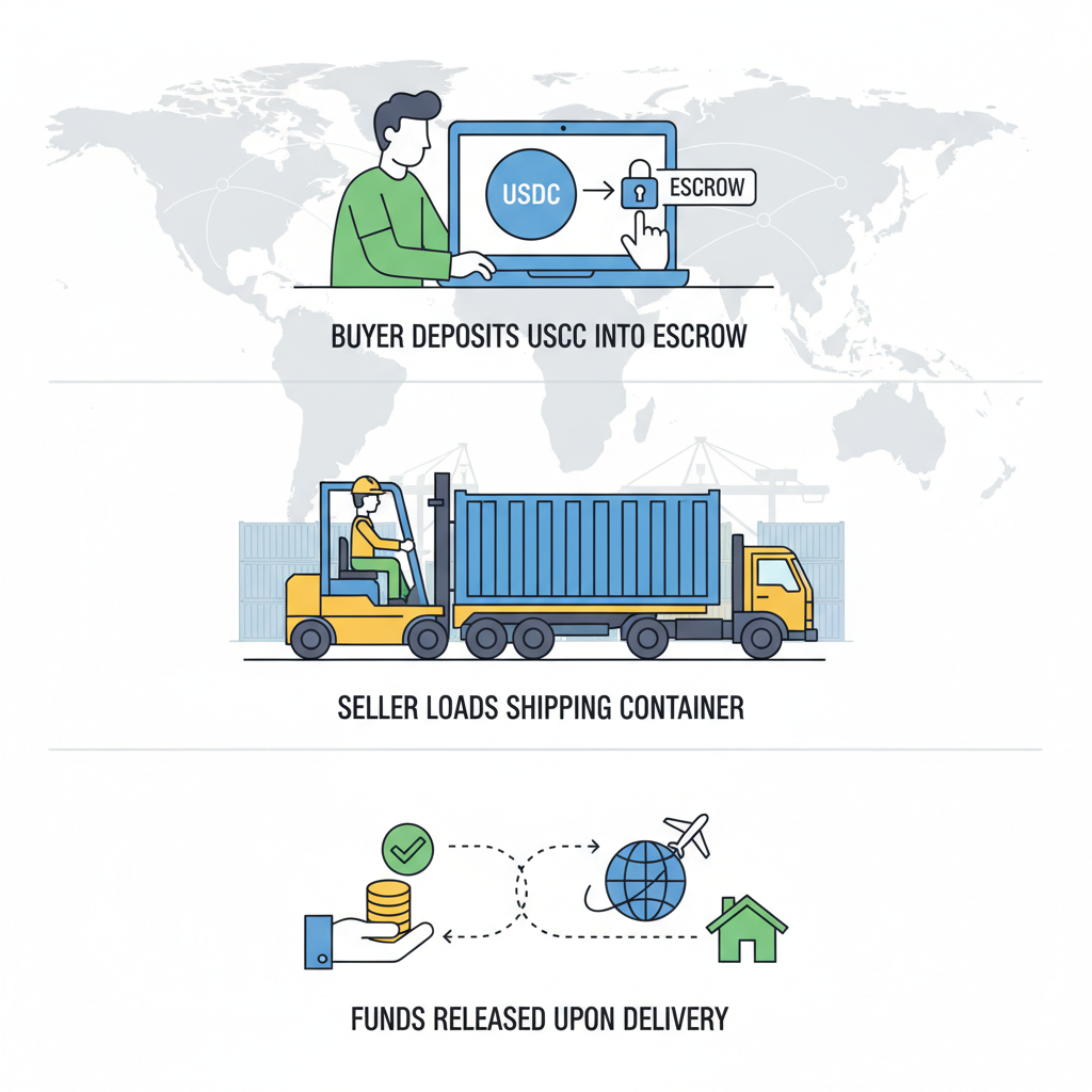 buyer depositing USDC into escrow on laptop, seller loading shipping container on truck, world map background