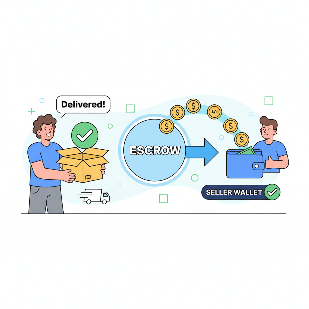 happy buyer checking delivered package with checkmark, USDC funds flowing from escrow to seller wallet