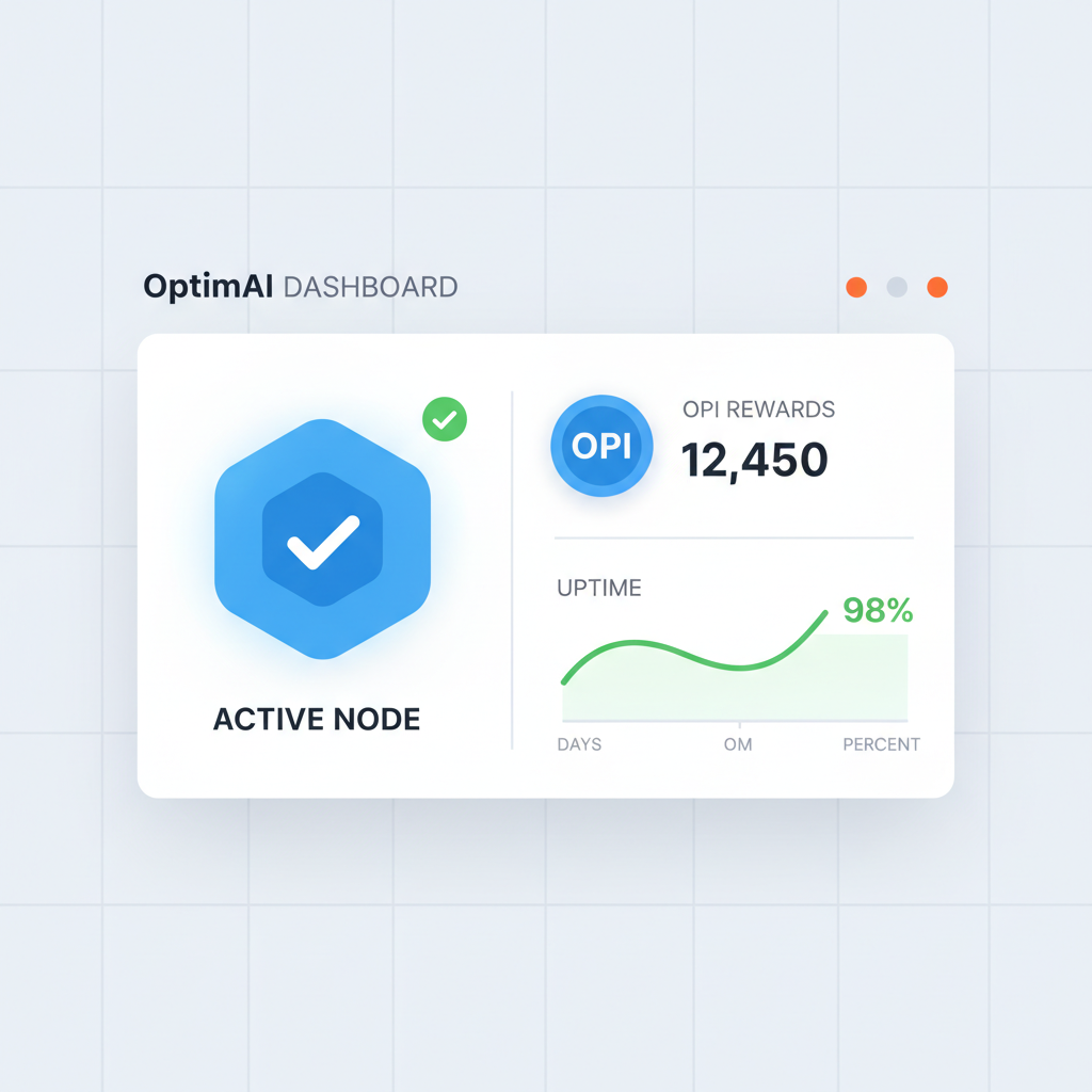 OptimAI dashboard showing active node, OPI rewards counter, uptime graph at 98%