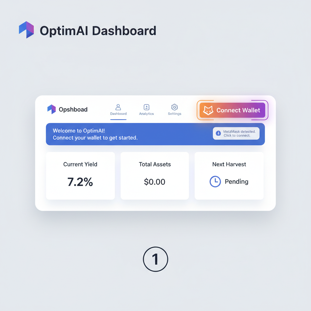 simple UI of OptimAI dashboard with MetaMask wallet connect button active