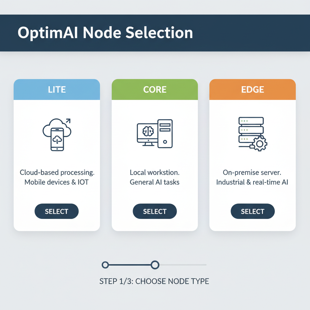 OptimAI node selection screen with Lite, Core, Edge options and hardware icons
