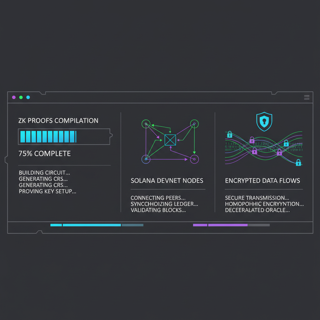 compilation progress bar in terminal building ZK proofs, Solana devnet nodes connecting, encrypted data flows, sci-fi interface