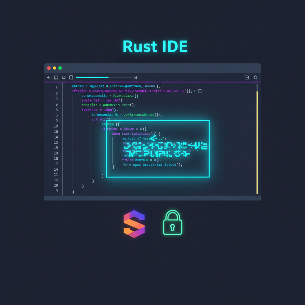 Rust code editor with encrypted smart contract code highlighted, Solana and lock icons, dark mode, neon accents