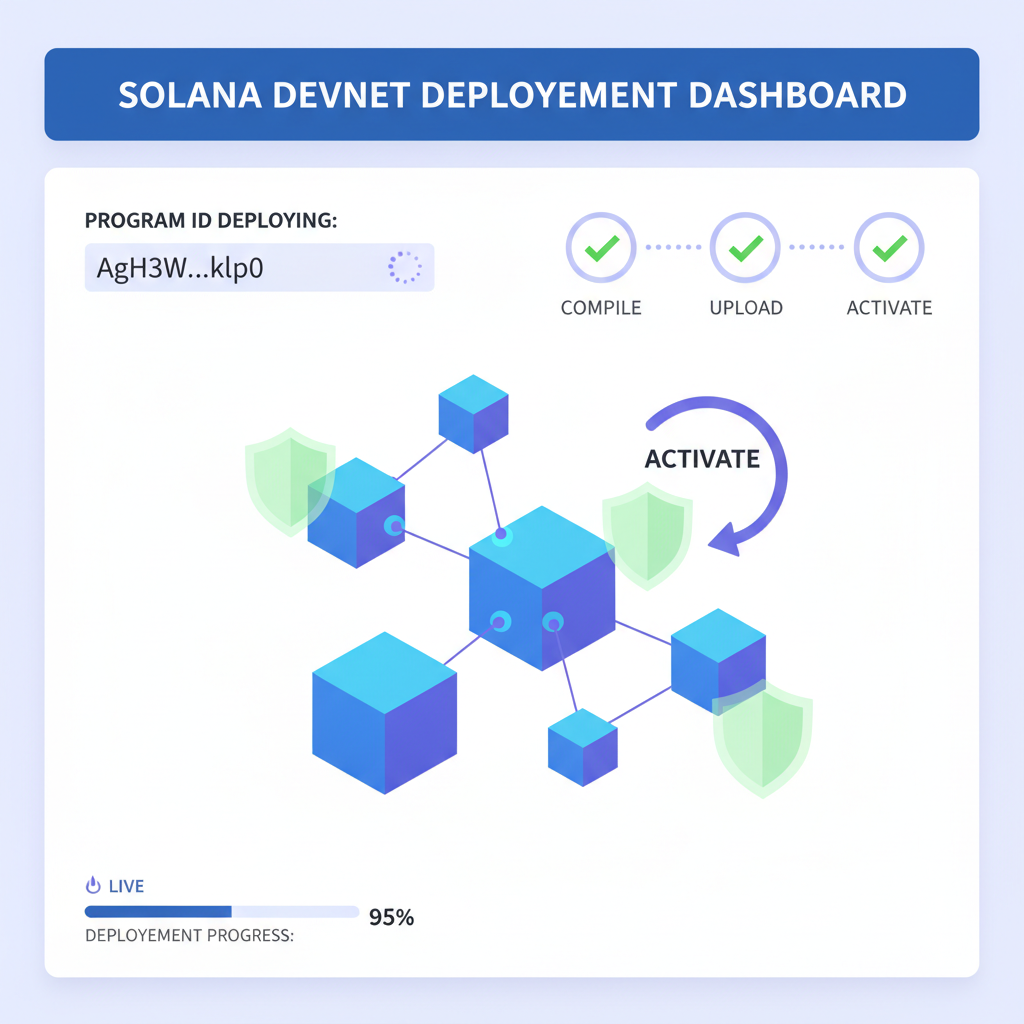 Solana devnet deployment dashboard, program ID deploying, green success checkmarks, blockchain visualization with privacy shields