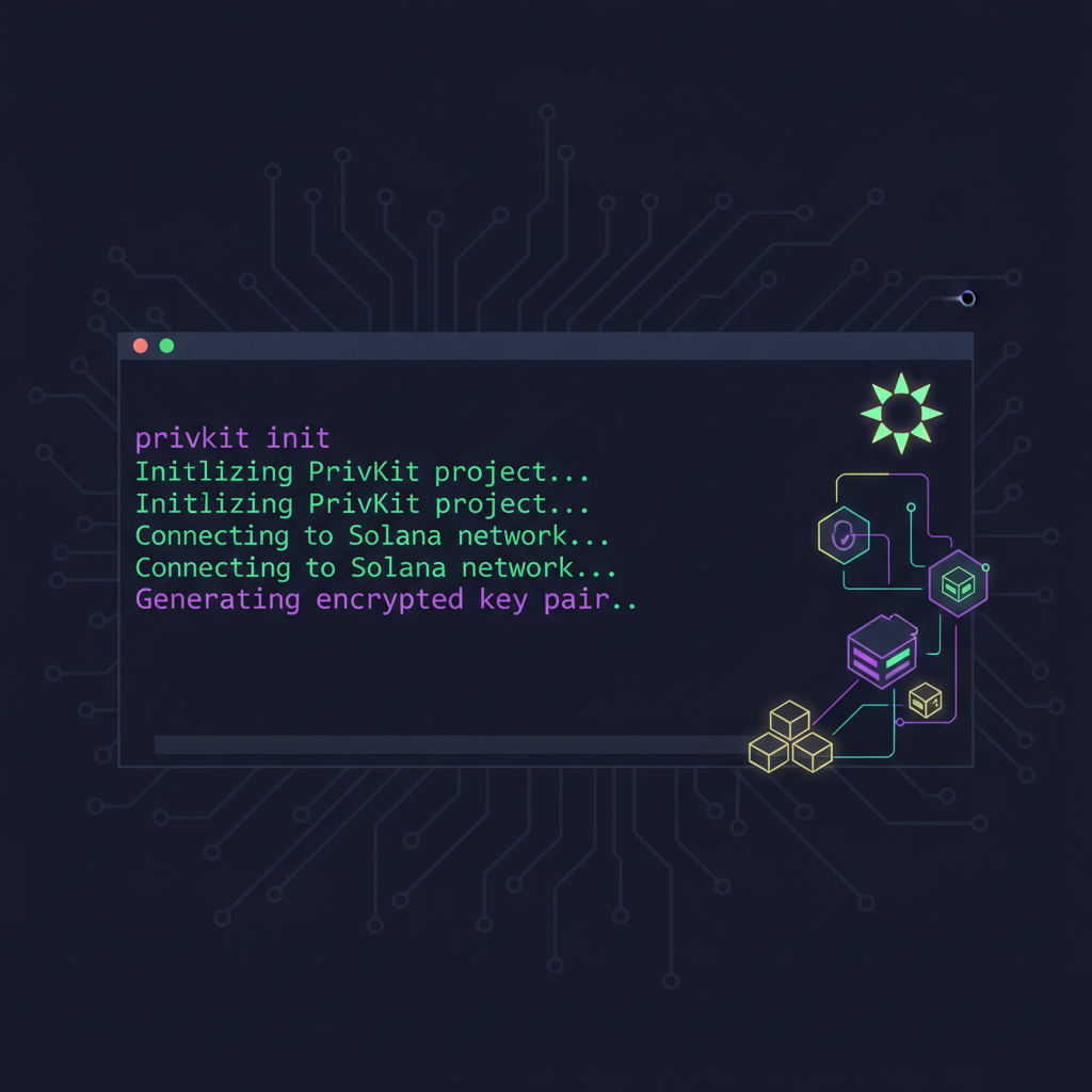 terminal window running 'privkit init' command, Solana blockchain theme, glowing encrypted icons, futuristic cyberpunk style
