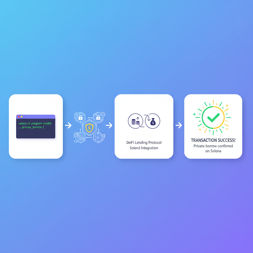 CLI testing private borrow on Solana, transaction flow with encrypted bubbles, success animation, DeFi lending icons
