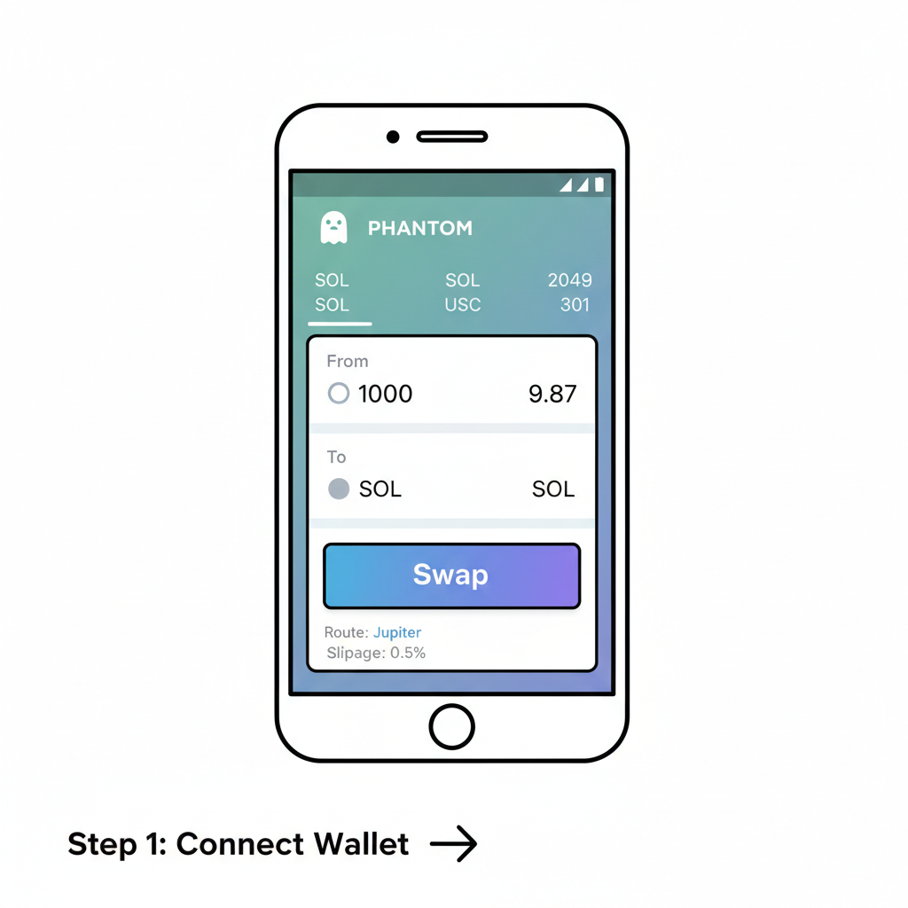 Saga phone screen with Phantom Wallet open to Jupiter Aggregator web app, swap interface visible