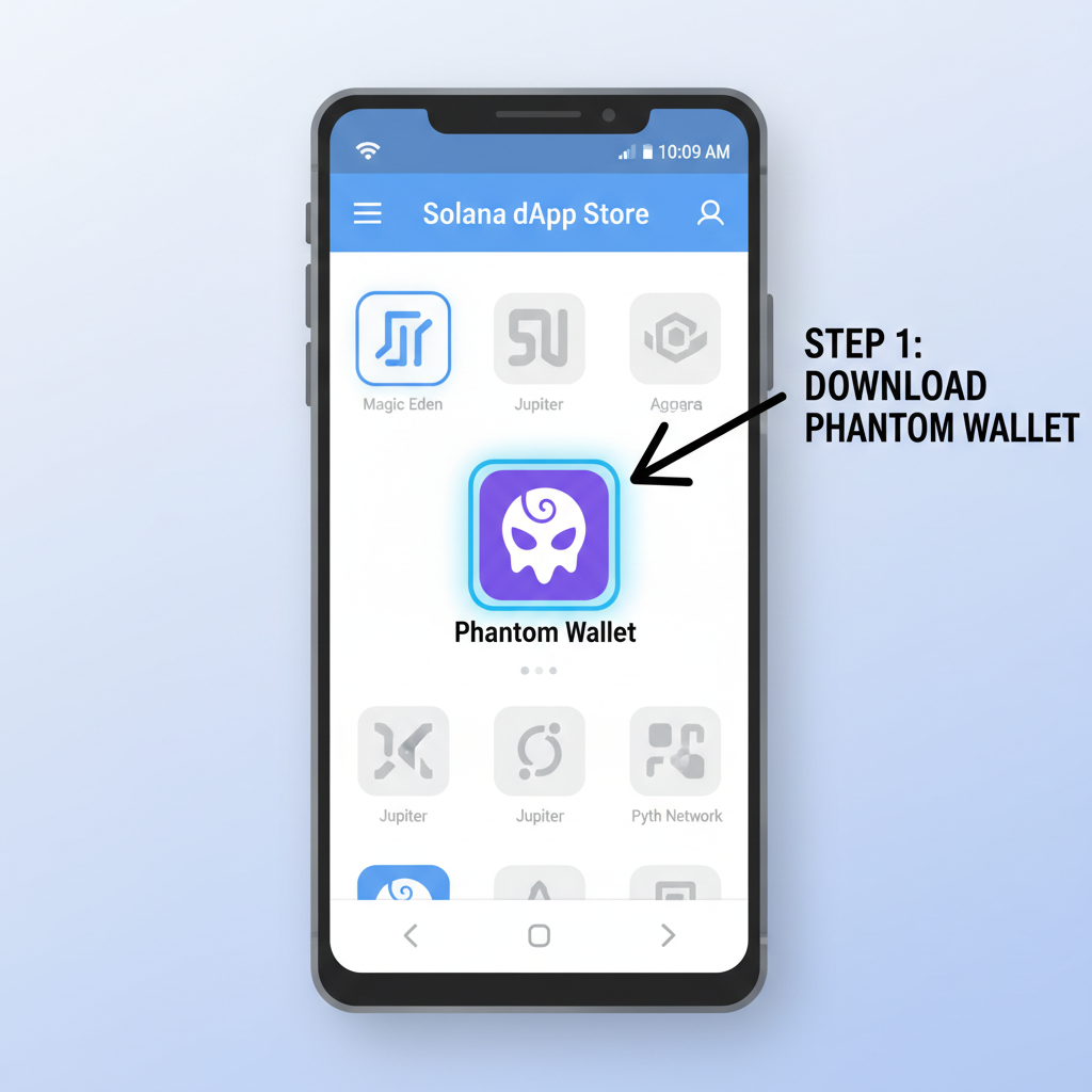 Solana Saga phone screen displaying Solana dApp Store with Phantom Wallet app highlighted, futuristic mobile crypto interface