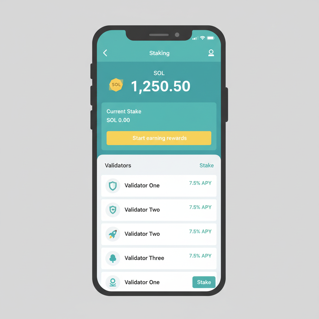 Phantom Wallet staking tab open on Saga screen, SOL balance visible, validator list