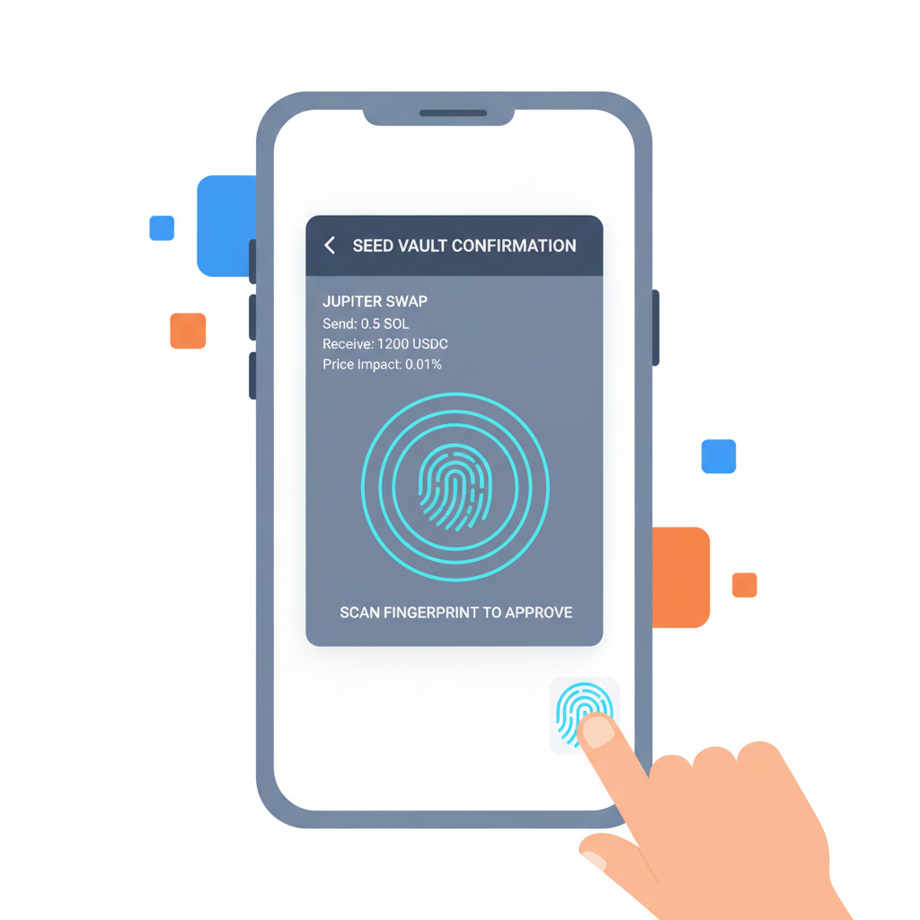 Seed Vault confirmation popup on Saga phone during Jupiter swap, fingerprint scan animation