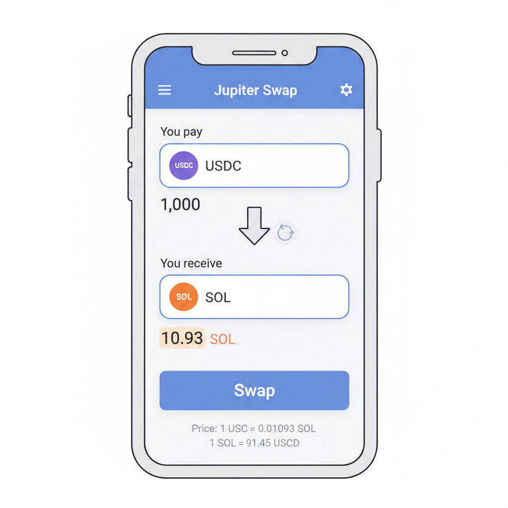 Jupiter swap screen on mobile, USDC to SOL selected, price $91.45 shown, clean DeFi UI