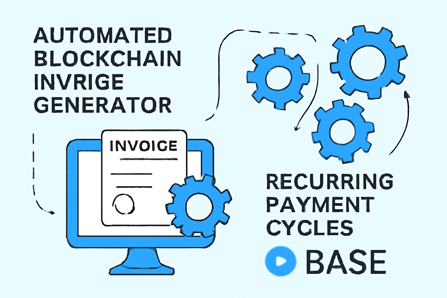 Automated blockchain invoice generator, recurring payment cycles visualized as gears, Base network