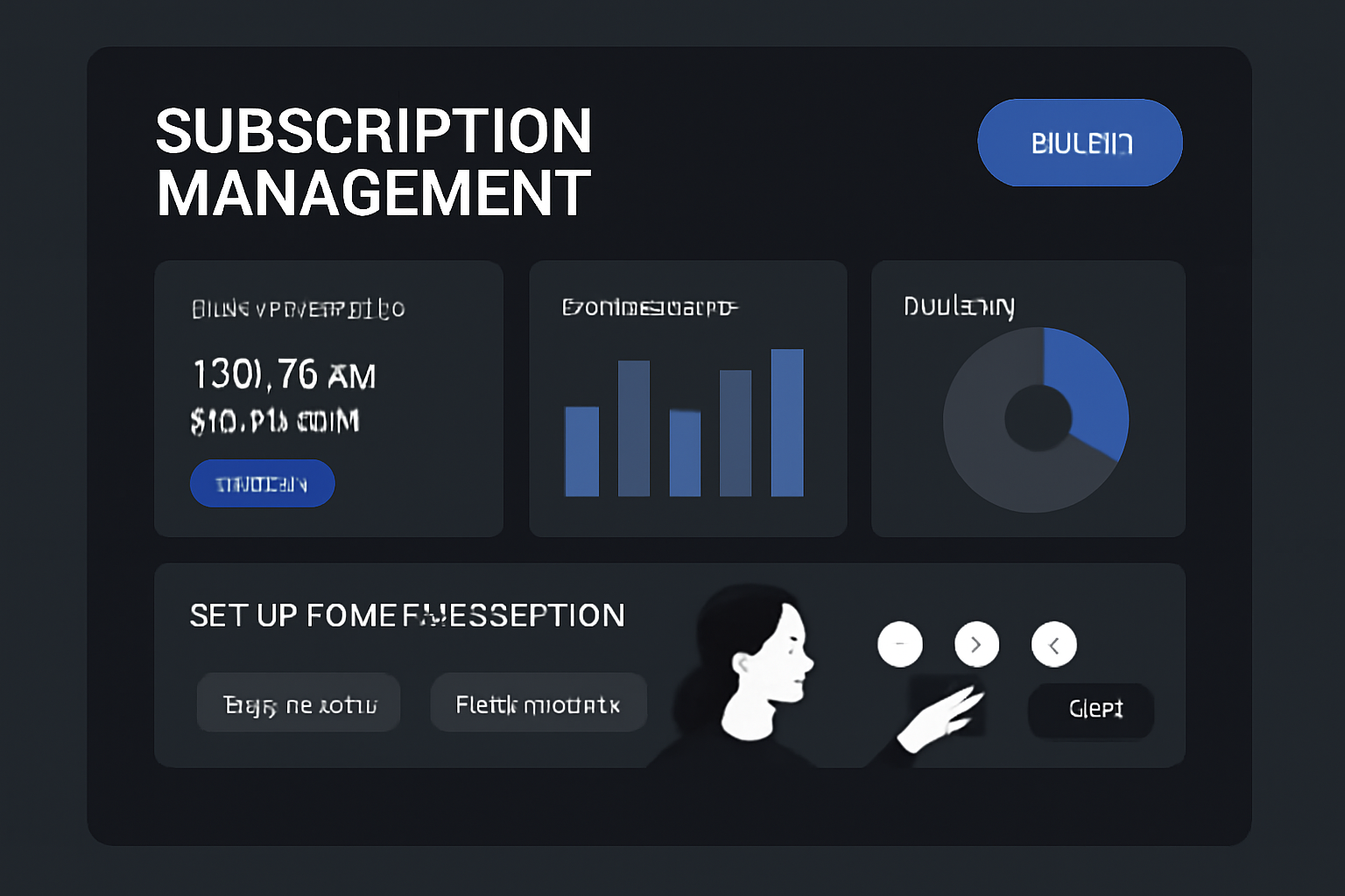 Sleek web3 dashboard for subscription management, charts and buttons on dark theme, Base chain integration