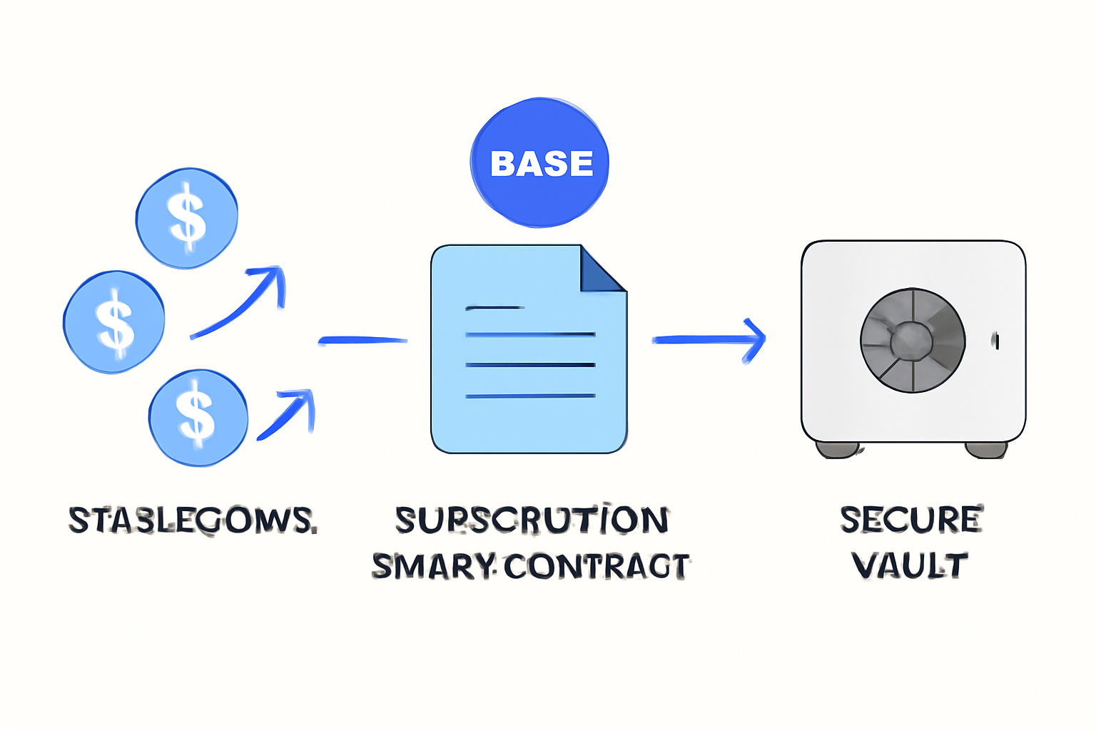 Stablecoins flowing into subscription smart contract on Base chain, tokenized payment stream, secure vault