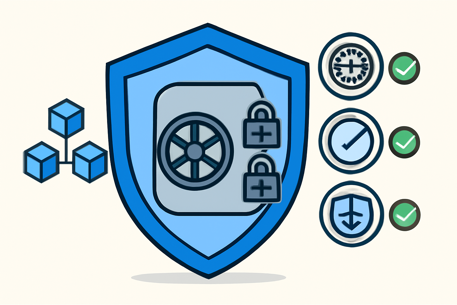 Shielded blockchain vault with locks and compliance badges, security audit on Base chain, green checkmarks
