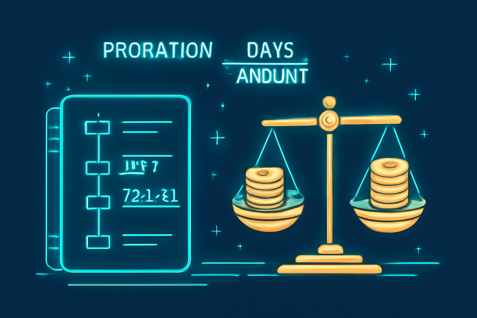 Proration math formula visualized on blockchain ledger, fair billing scales balancing coins, digital glow