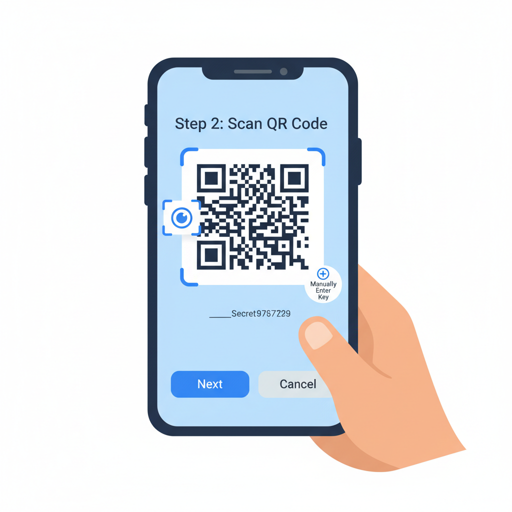 smartphone screen showing 2FA setup with QR code scan on crypto exchange