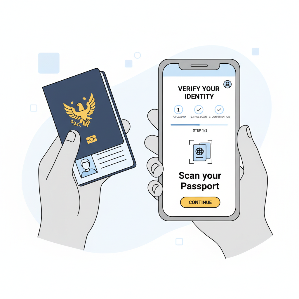 user verifying identity with passport and phone on exchange app screen
