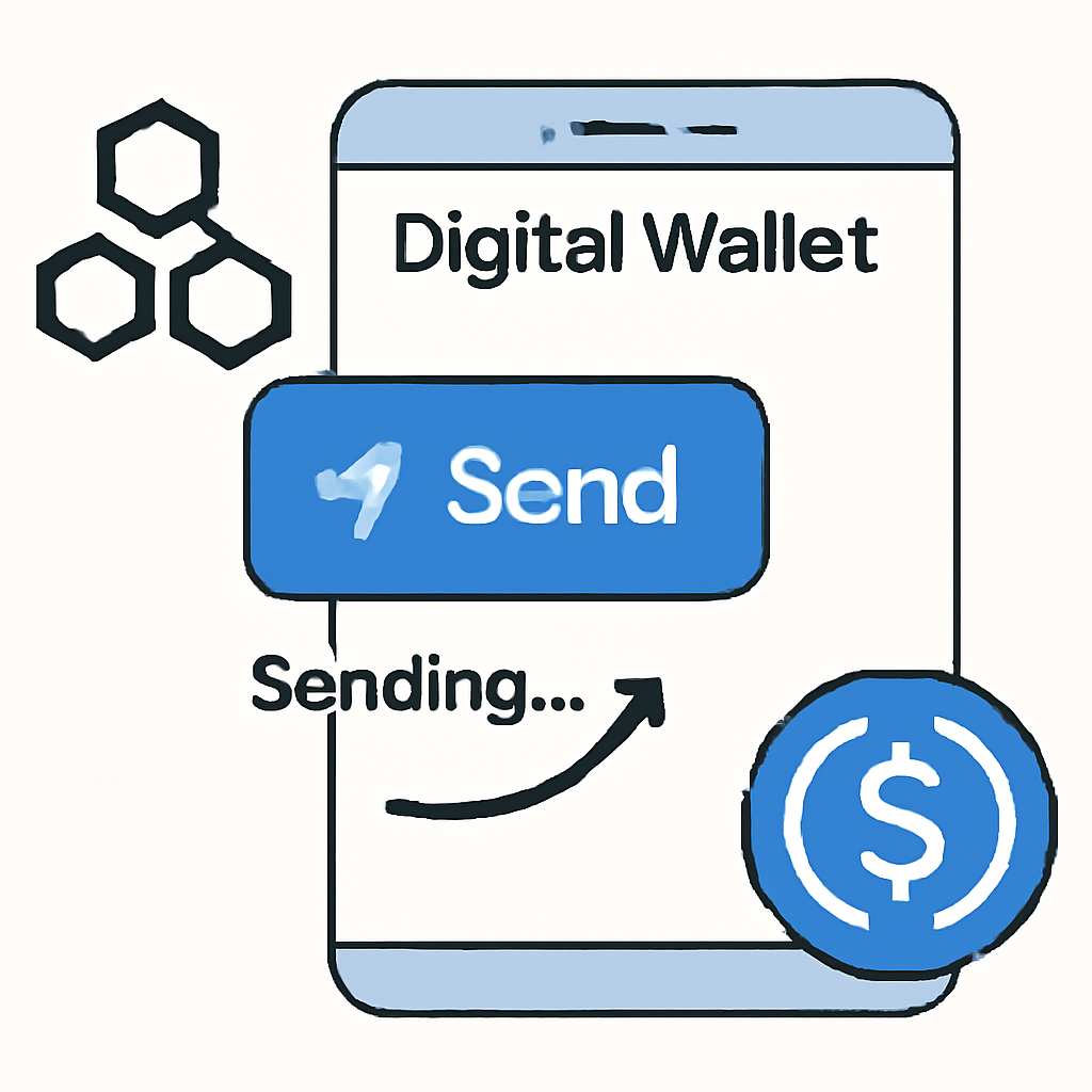 A digital wallet interface showing a crypto payment being sent, with blockchain and USDC symbols visible.