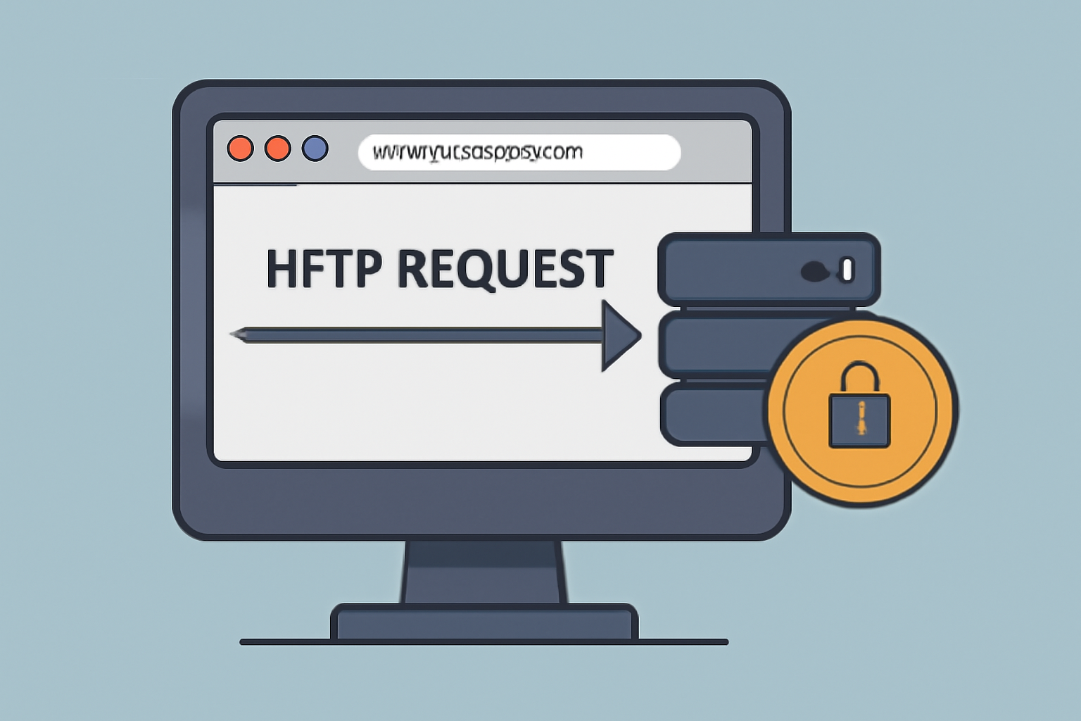 A computer screen displaying a web browser sending an HTTP request to a server, with a lock or coin icon indicating a paid resource.