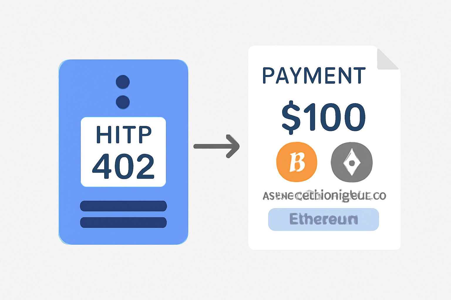 A server sending an HTTP 402 response with a document showing payment details (amount, crypto logos, wallet address, network name).