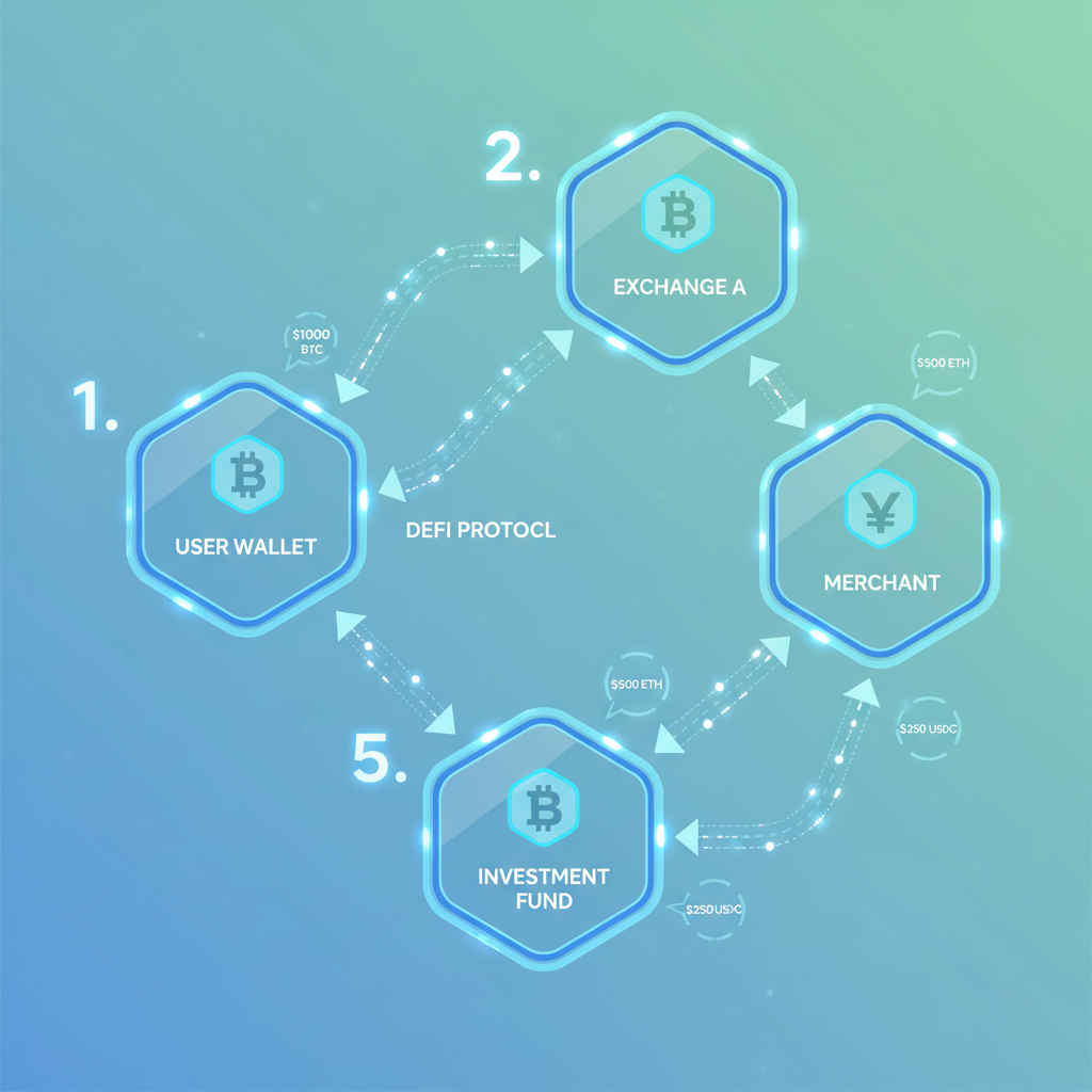 directed graph of crypto transactions with nodes and arrows showing fund flows, clean tech style