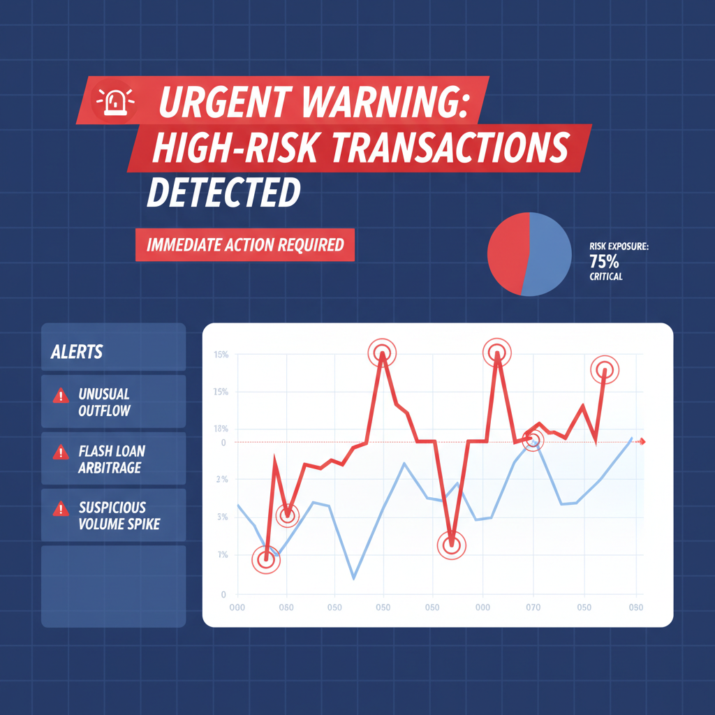 alert dashboard flagging red high-risk crypto transactions on graph overlay, urgent warning style