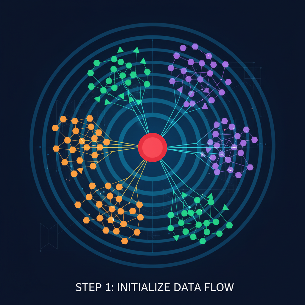 expanding graph ripples from central red node revealing connected clusters, futuristic analytics