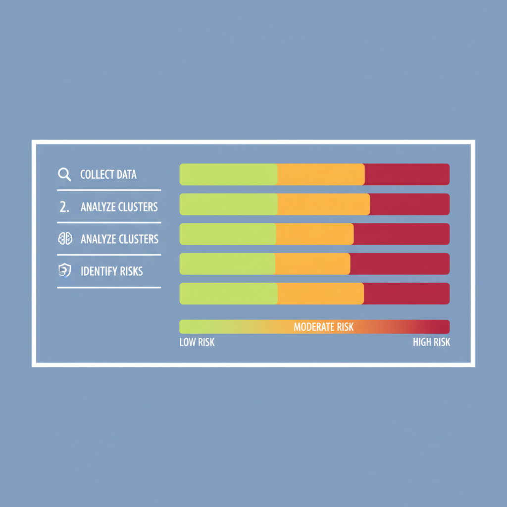clustered graph with color-coded risk scores from low green to high red, data visualization dashboard