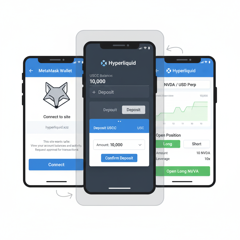 MetaMask wallet popup connecting to Hyperliquid, USDC deposit and opening NVDA perp position screen, mobile friendly UI