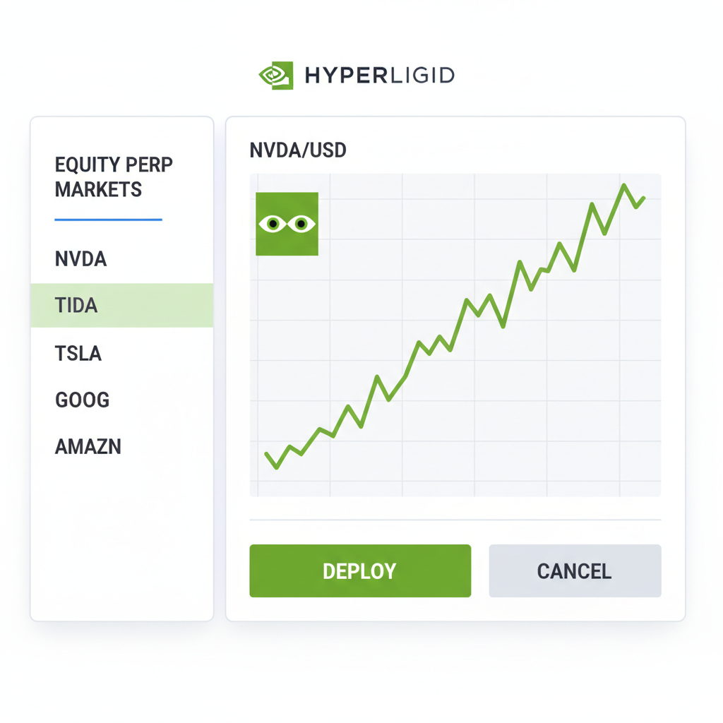 Hyperliquid interface listing NVDA equity perp market, NVIDIA logo stock chart rising, green deploy button