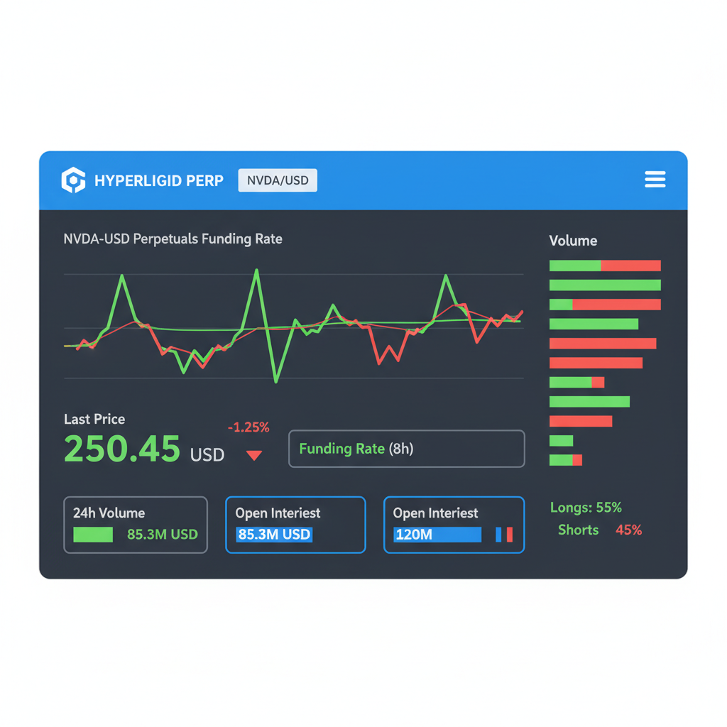 Hyperliquid perp dashboard showing funding rate chart for NVDA, real-time metrics green red indicators volume bars