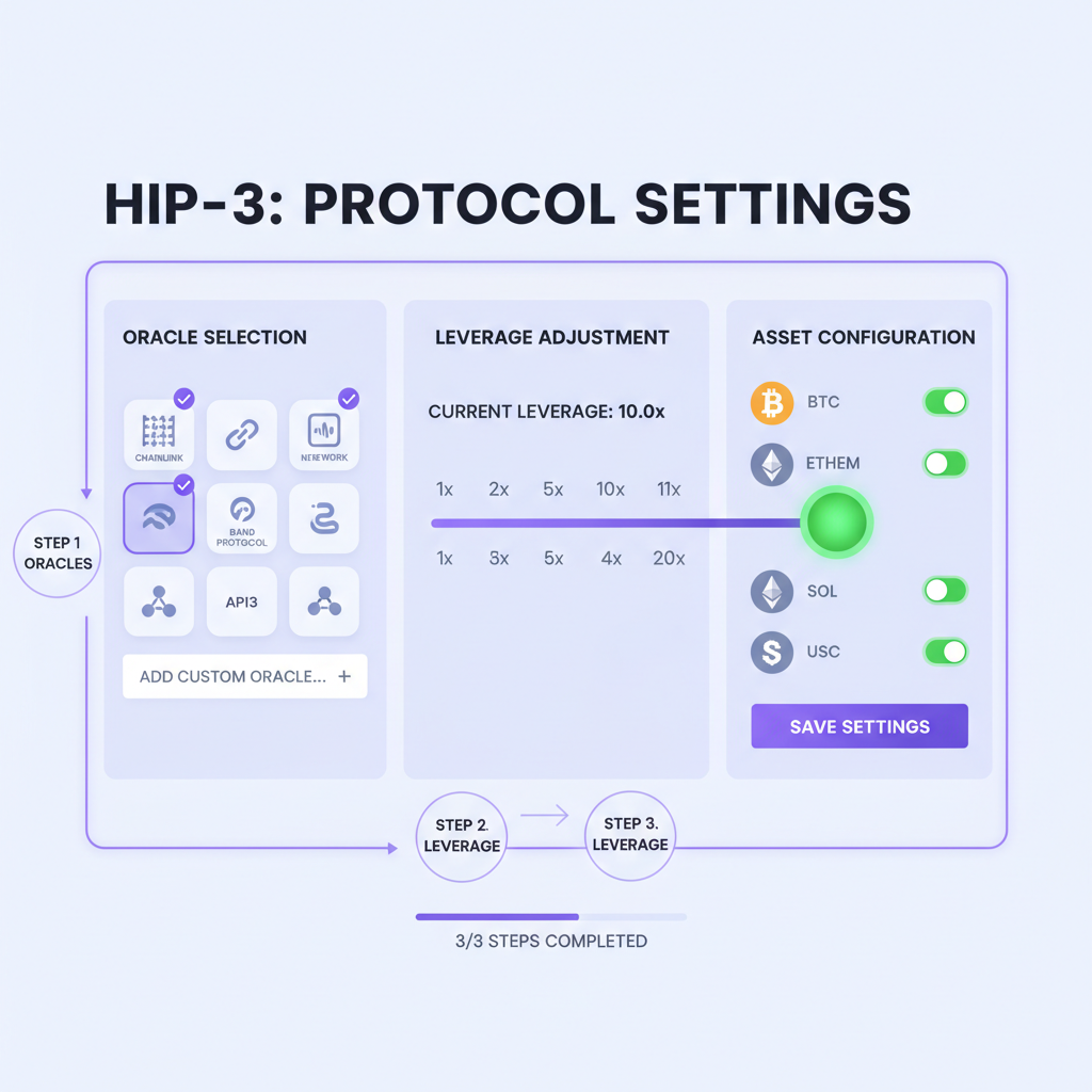 Hyperliquid HIP-3 settings interface selecting oracles and 10x leverage slider, clean tech dashboard with asset icons
