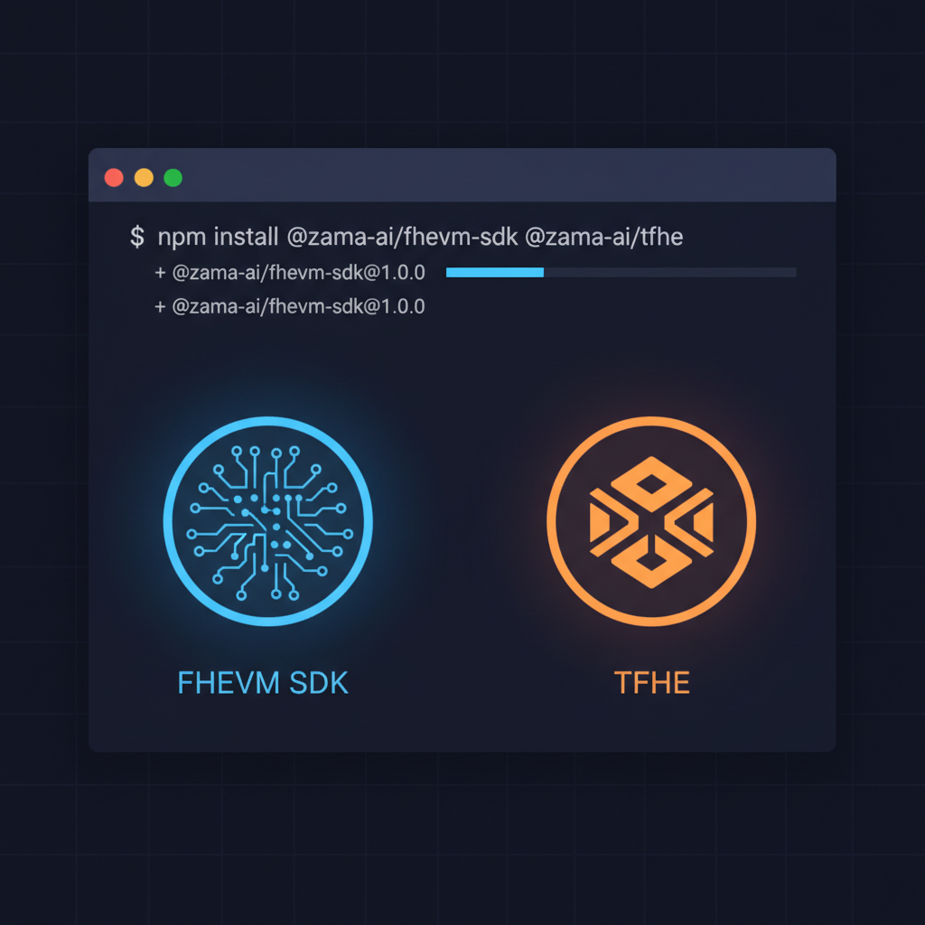 npm install command in terminal, FHEVM SDK and TFHE icons glowing